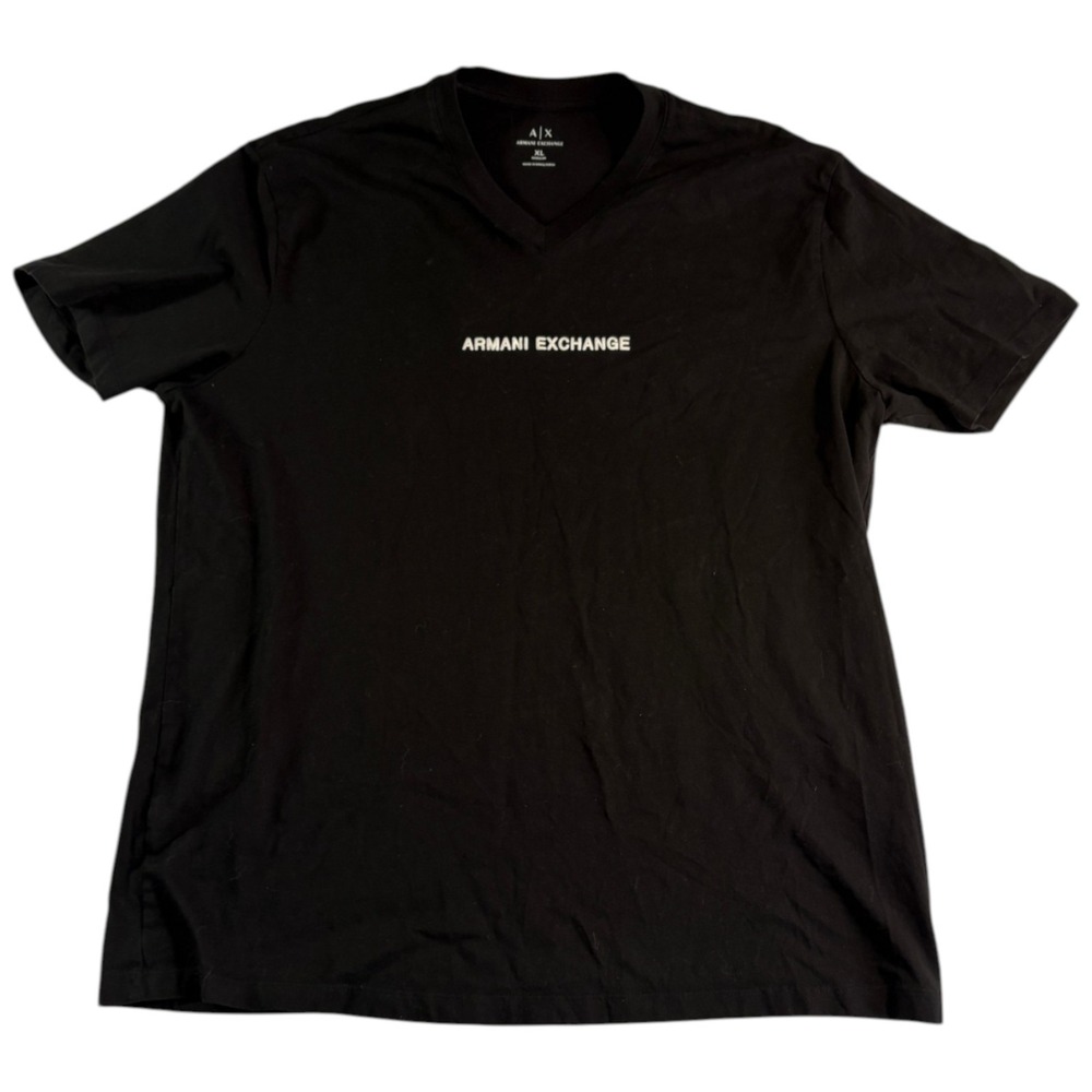 Armani Exchange T Shirt Mens XL Black Spellout Logo Regular Fit Logo V‎ Neck
